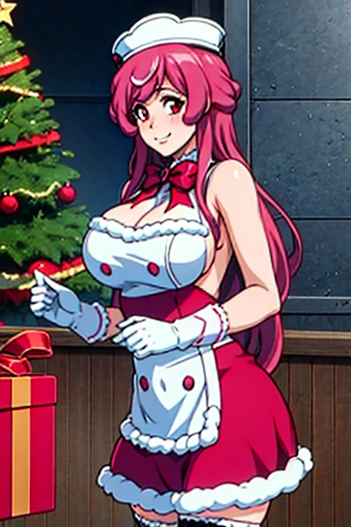 alas, blush, 1 girl, Alone, long hair,  smiling, Gloves,  Big breasts , neckline, red eyes, has,  lingerie ,  Pink hair, Backless Dress Set with Bow Detail, Sleeveless Clear Mesh ,  Solid Color , Knit Fabric  , looking at the spectator, stockings high ,  Christmas Tree and Gifts ..