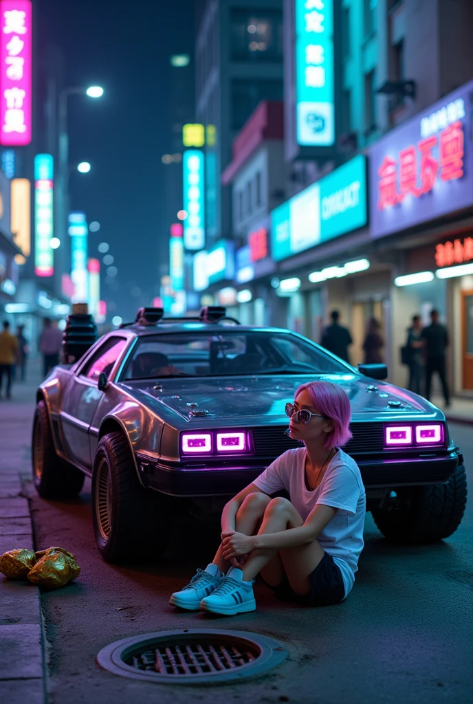  Photo of the 1985 Delorean high-tech futuristic car ,  transparent body showing its entire interior and engine , as futuristic as possible,  futuristic purple led headlights, thick and wide truck wheels ,  white LED light around the fender ,   has its wheels turned upside down ,  parked beside a sidewalk detailed with a rubbish brass crumpled next to a dark street with people passing by a high-tech cyberpunk city with blue and pink neon everywhere;  has tall skyscrapers illuminated with neon and mirrored on all sides and on the horizon , dirty streets , There's a manhole in the middle of the street , Dirty sidewalks , blurred background,  there is a beautiful serious 18-year-old girl in proportion to the car ; She wears mirrored sunglasses ;  she has her head turned upwards looking up with short pink Chanel hair wearing an all-dirty white t-shirt and dirty blue neon sneakers at night sitting on the floor and leaning against the car door.  she's smoking a burning cigarette in her mouth , She has her face turned upwards and releases cigarette smoke up ,   as realistic as possible., highly detailed, high resolution, 8k, award-winning work