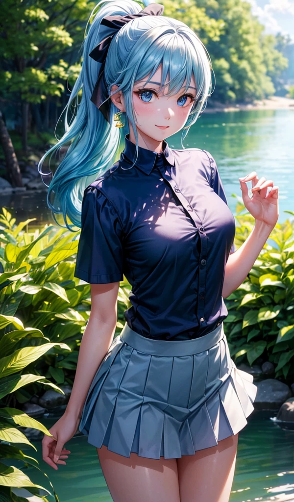 1girl, full body, summer, village, trees, sun, clouds, ((colorful hair)), ponytail, large breasts, cleavage, button down, blue eyes, ((dark green shirt)), ((unbuttoned shirt)), unbuttoning buttons, ((short sleeved shirt)), mini skirt, brown shoes, grin, looking at the viewer, standing, red, white and green hair ribbon, ((golden necklate))