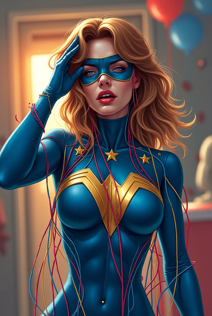 Superheroine with light brown hair wearing skintight blue spandex her nipples protruding with gold stars on her outfit and wearing a blue mask is asleep.  She’s bound, covered and surrouned with hundreds dufferent color strands of silly string.