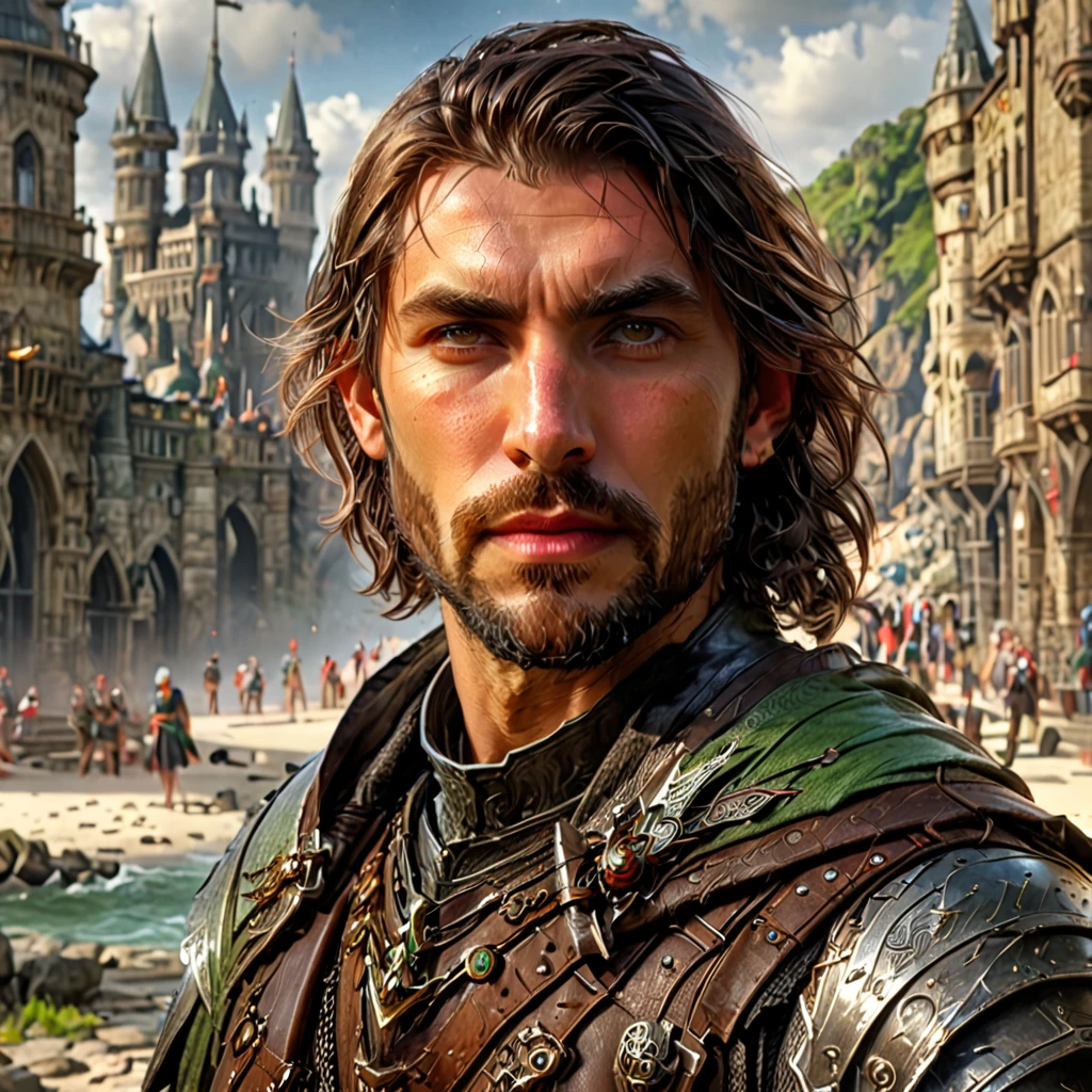 1 man, rugged man in his late thirties, short dark brown hair, slight beard, piercing green eyes, leather armor with steel, long weathered cloak, curved sword, waist pouch with mysterious trinkets, seaside city with tall proud towers, maritime and political intrigue, best quality, 4k, 8k, highres, masterpiece:1.2, ultra-detailed, realistic, photorealistic, photo-realistic:1.37, HDR, UHD, studio lighting, ultra-fine painting, sharp focus, physically-based rendering, extreme detail description, professional, vivid colors, bokeh, fantasy, adventure, concept artist