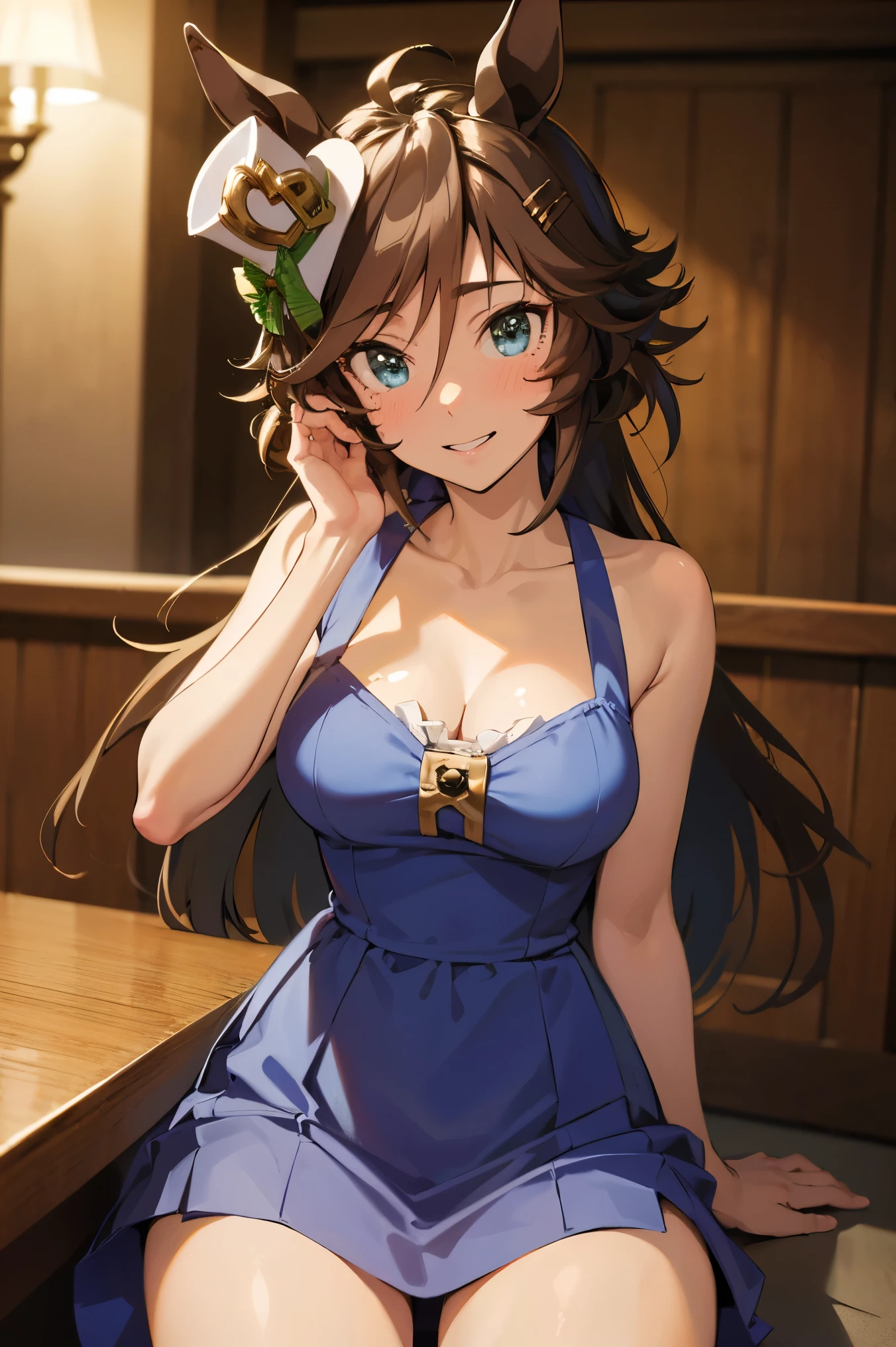 NSFW,masterpiece,Best Quality, Hi-Res, very detailed,mr. c.b. \(Uma Musume\),(Hostess:1.5), evening dresses,Chest cut-in,Embarrassed,blush, lustful face,bar,Luxurious Room, chandeliers , dim room sitting in a wooden box