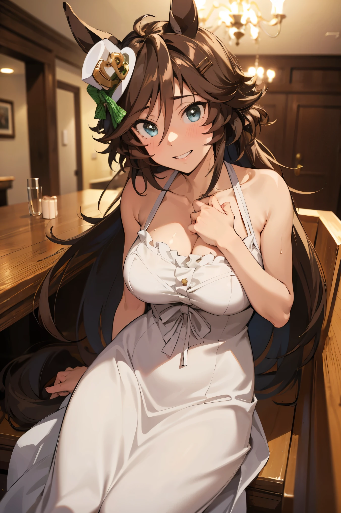 NSFW,masterpiece,Best Quality, Hi-Res, very detailed,mr. c.b. \(Uma Musume\),(Hostess:1.5), evening dresses,Chest cut-in,Embarrassed,blush, lustful face,bar,Luxurious Room, chandeliers , dim room sitting in a wooden box