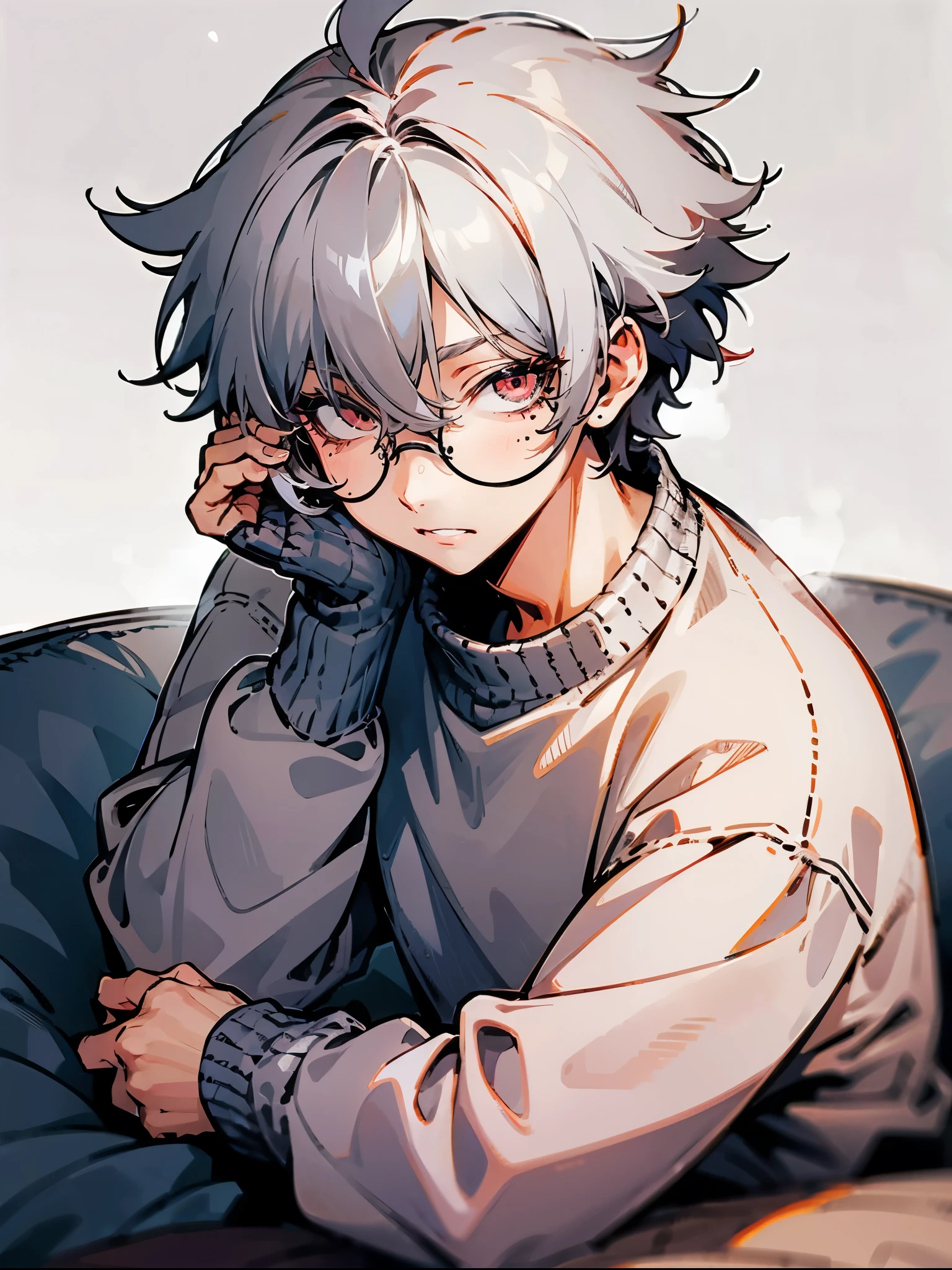 1 male, Gray Hair, messy hair ,  short hair, Pink Eyes,   long sleeve sweater , round glasses , Lazy expression