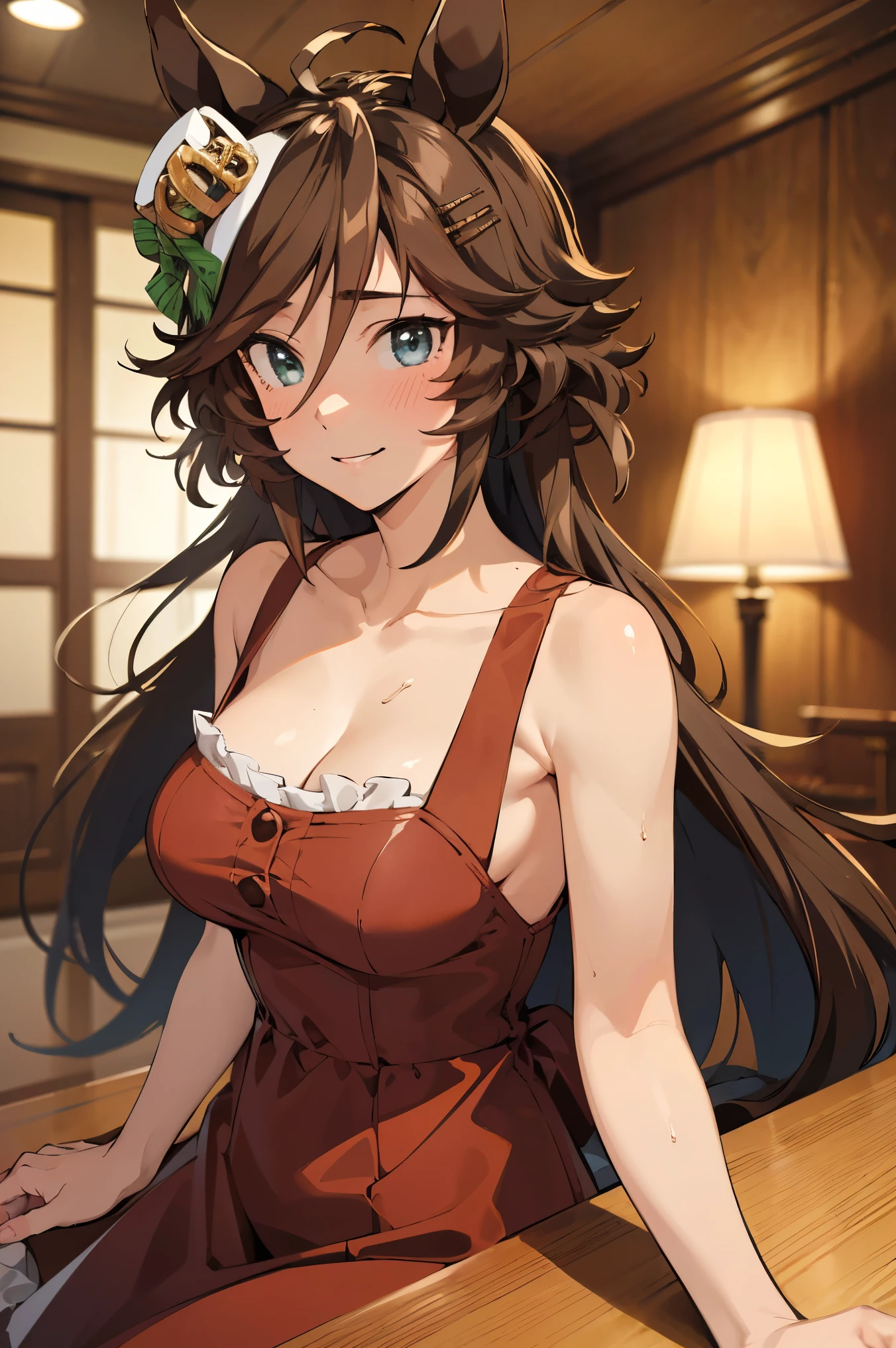 NSFW,masterpiece,Best Quality, Hi-Res, very detailed,mr. c.b. \(Uma Musume\),(Hostess:1.5), evening dresses,Chest cut-in,Embarrassed,blush, lustful face,bar,Luxurious Room, chandeliers , dim room sitting in a wooden box