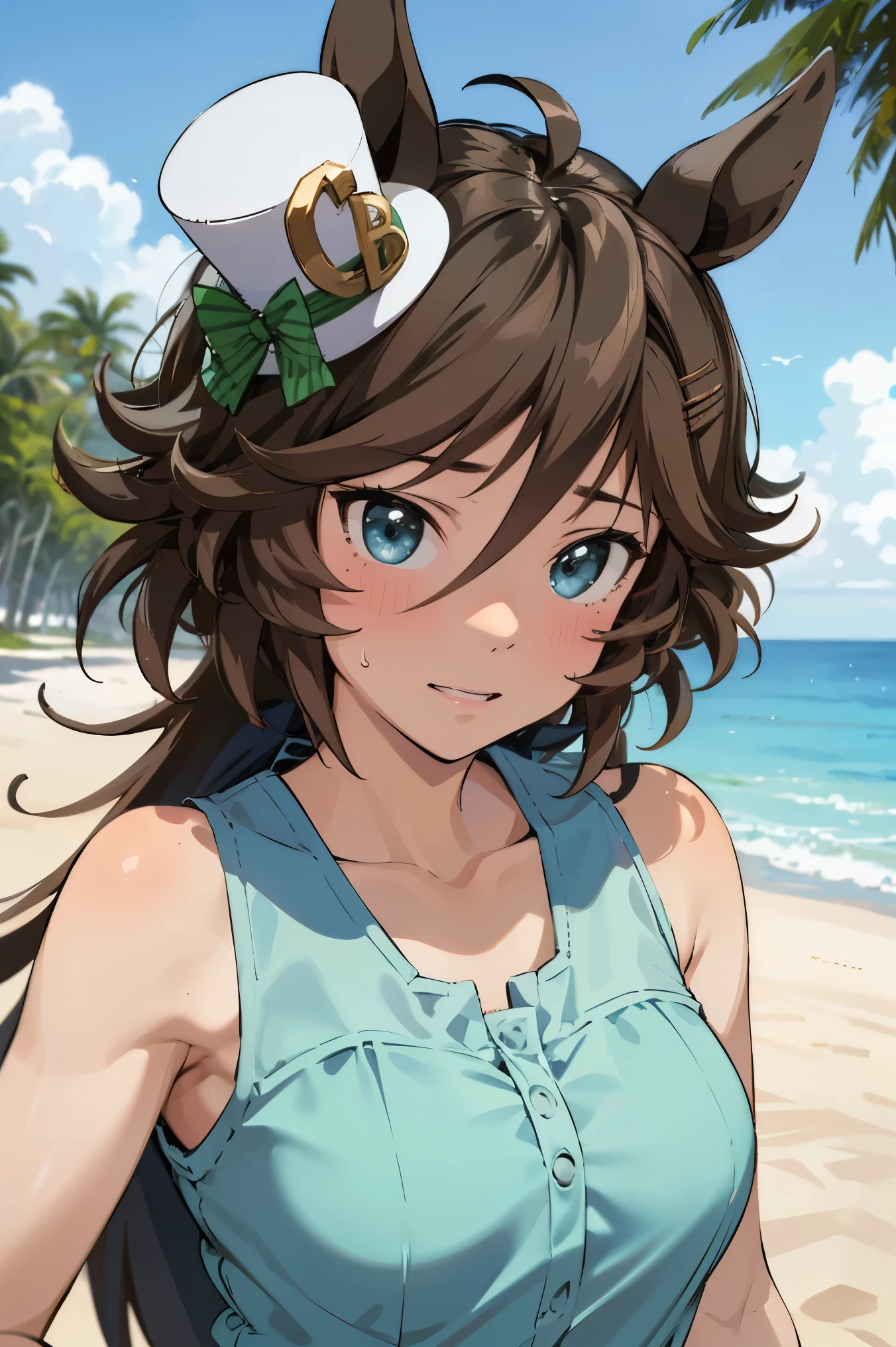 NSFW,masterpiece,Best Quality, Hi-Res, very detailed,mr. c.b. \(Uma Musume\),(Embarrassed:1.2),blush, micro bikini,beach, palm trees,Beach House