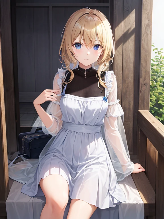 blue sky, sunlit, weak light and shadows, tree, in the beautiful bloom garden, 1woman with beautiful face, see-through dress shirt an black leggings, she is sitting on wood chair with on one cat