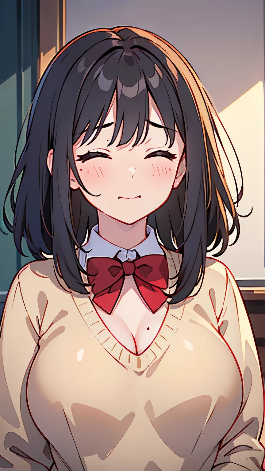 (masterpiece:1.4),(best quality1.4), (ultra high res1.2,(dark hair:1), ( black hair:1),(beautiful Busty breasts), beautiful girl, bob hair, a sexy mole around the mouth,(enjoy:1.2), (trouble:1.2),(burst into laughter:1.25), closed eyes,(squinting:1.4), (beige V Neck Sweater:1.2),(spy uniform1.1),a red Checked bow tie, (upper body shot:1.3),side shot