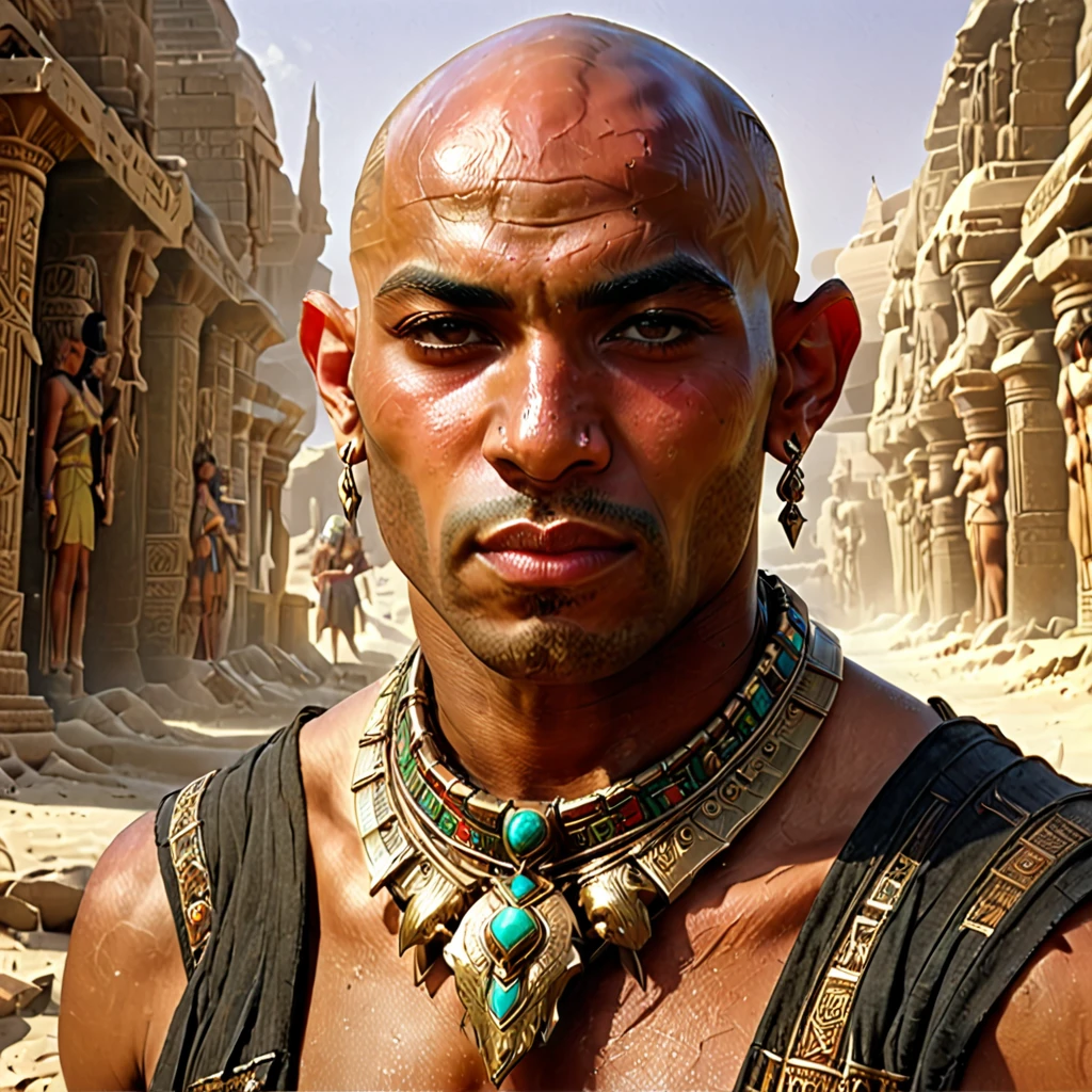 1 man. Slavist turned slave, bald, tan skin, barbarian egyptian-leke clothes. Bone collar