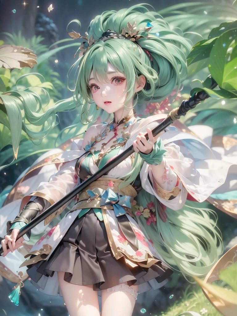 masterpiece, **** girl, nsfw, see-through, looking at viewer, raw feet, huge breasts, (micro skirt:1.3), kimono, off shoulder, green hair, have a staff, shocked expression