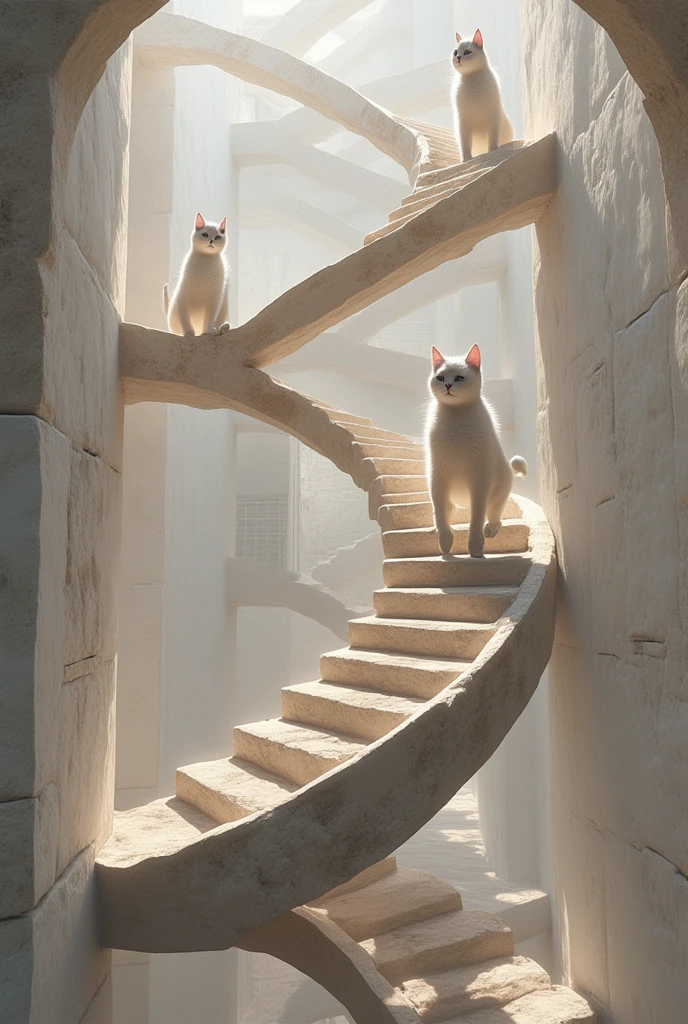 Penrose stairs made of very realistic stone, with cute cats happily walking on them, simple background