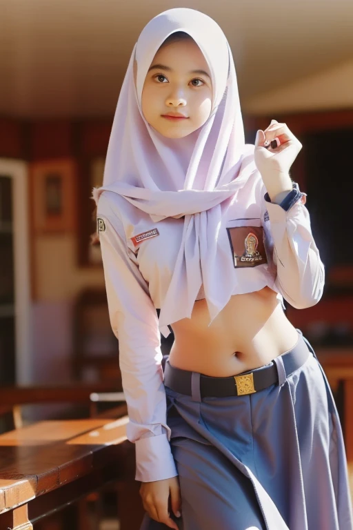 ((( Ultra-HD quality detail ))), Gen Z girls in hijab,  long-sleeved shirt ,  open belly button , indistinct, Long skirt, low waisted buckle belt(like a belly dancer ), bow down, lean back, realistic, ( 8K resolution )