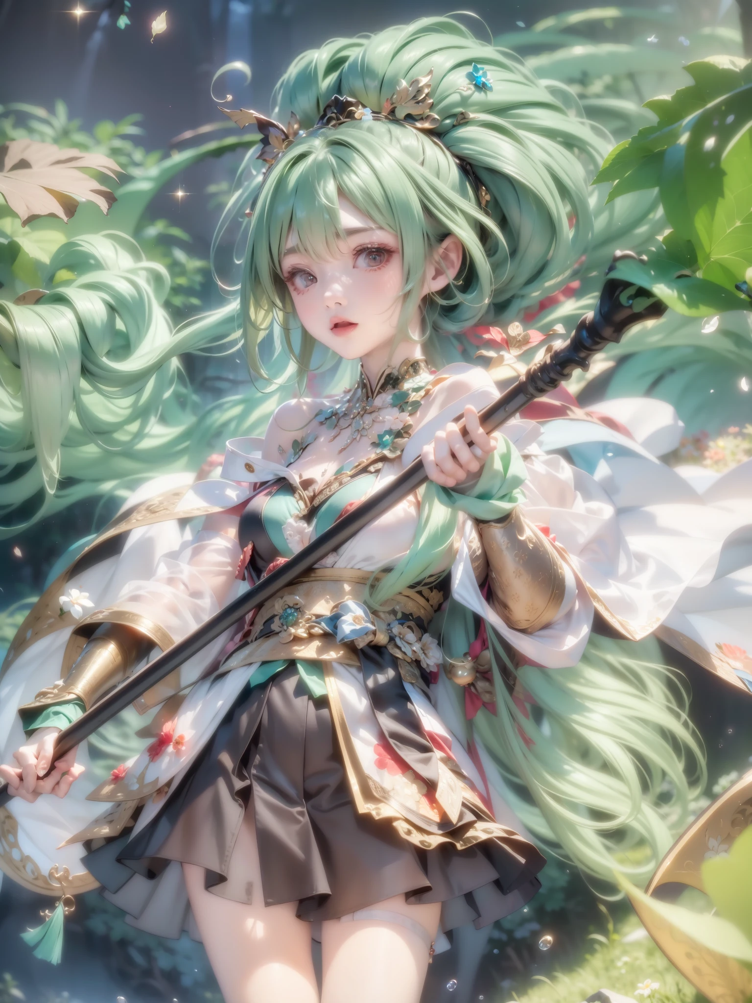 masterpiece, **** girl, nsfw, see-through, looking at viewer, raw feet, huge breasts, (micro skirt:1.3), kimono, off shoulder, green hair, have a staff, shocked expression