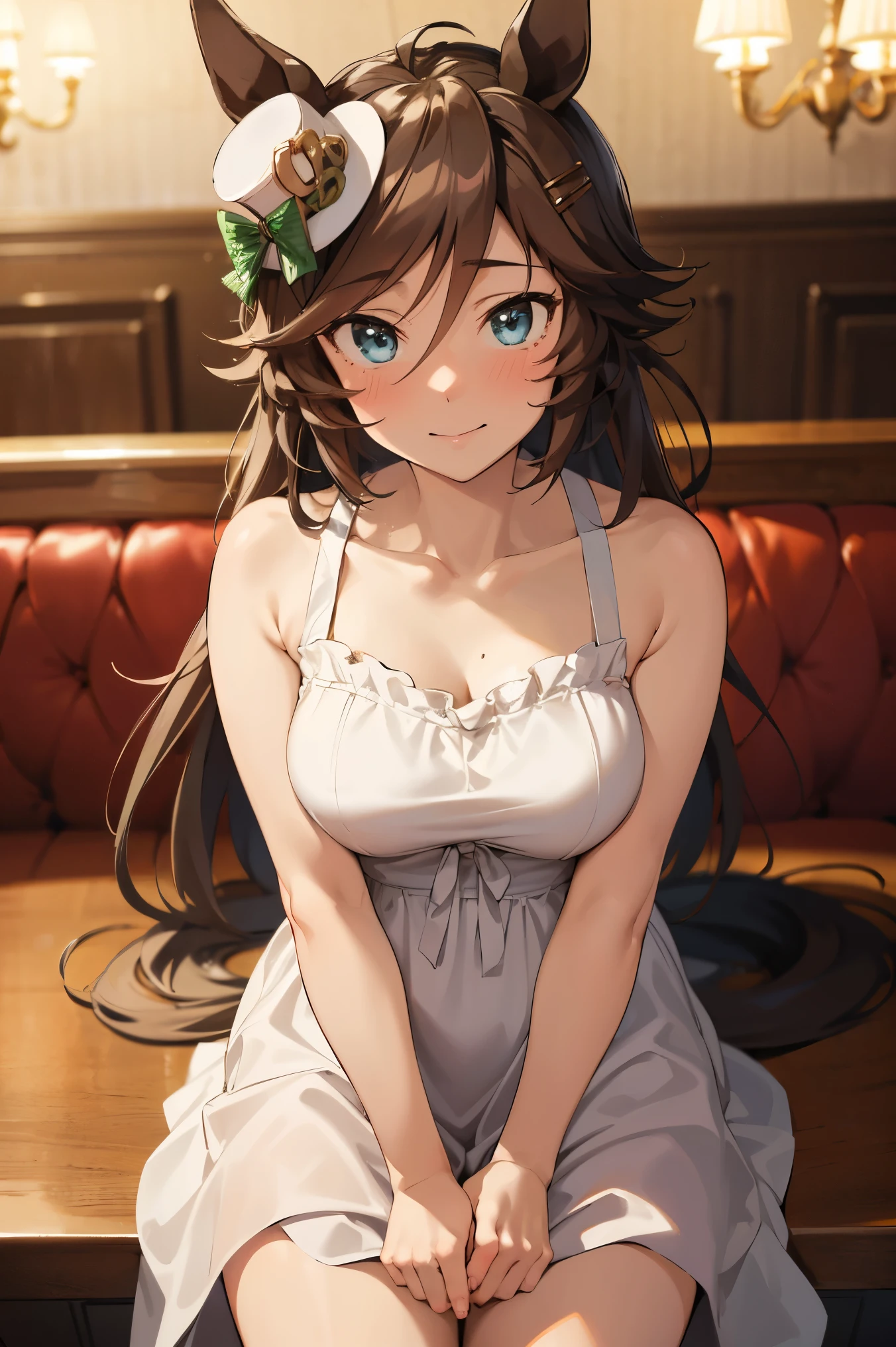 NSFW,masterpiece,Best Quality, Hi-Res, very detailed,mr. c.b. \(Uma Musume\),(Hostess:1.5), evening dresses,Chest cut-in,Embarrassed,blush, lustful face,bar,Luxurious Room, chandeliers , dim room sitting in a wooden box