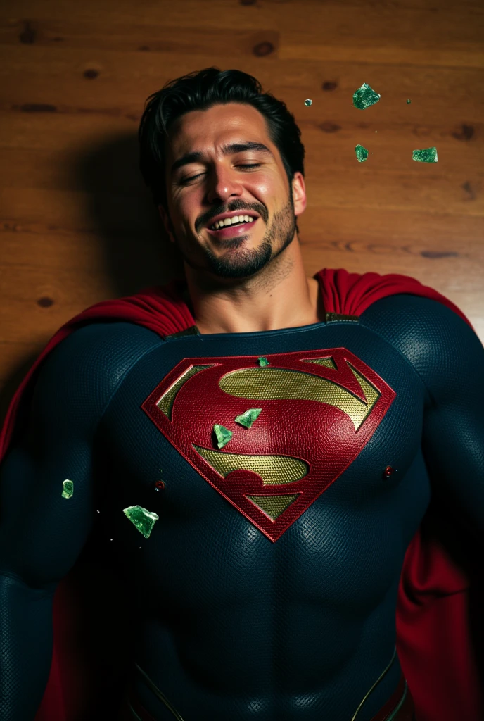 full body shot, Nicholas Alexander Chavez, a muscular man, 30 years old, with a small beard, dressed as Superman, lying on the ground, with his arms slightly outstretched. His facial expression is one of intense pain or weakness, with his mouth slightly open and his eyes closed. The superhero has a light skin tone and dark hair. Few small fragments of bright green cristals are falling onto Superman's chest. The background is a wood floor, dramatic lighting on the superhero's suit and face. The overall composition conveys a sense of tension and power, with debris floating around the scene, adding to the intensity of the moment.