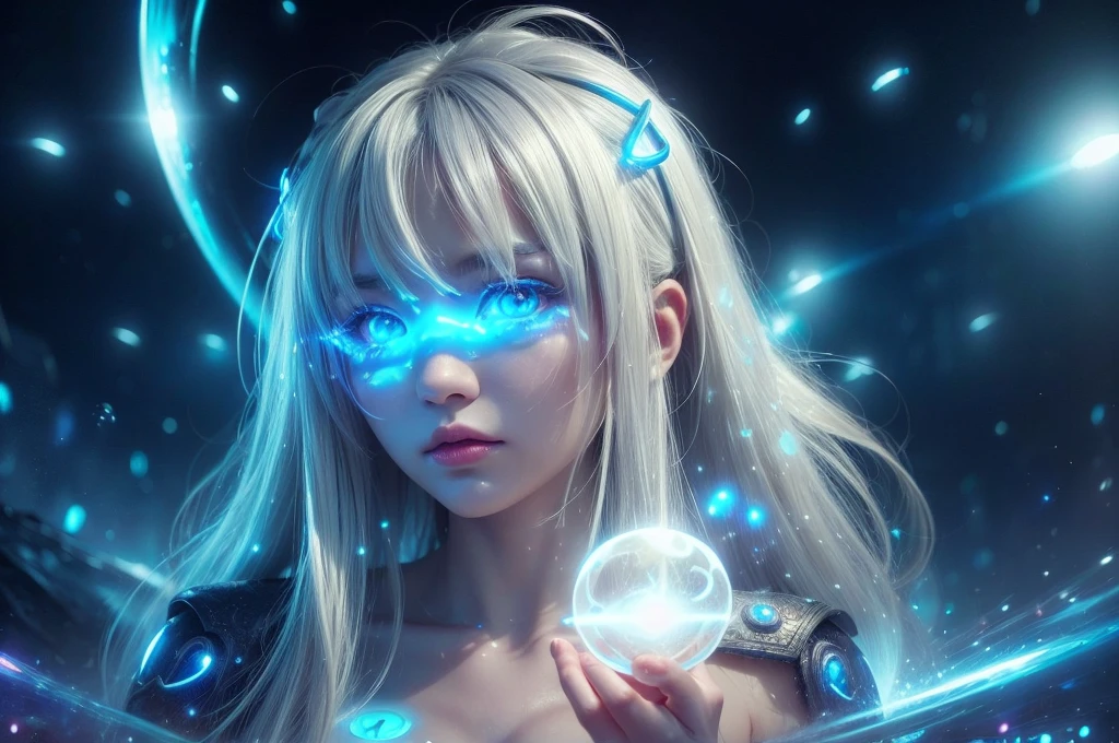 ((upper body)), best quality, masterpiece, a Japanese woman with ((Luminescence white hair)), ((detailed pearl blue eye)), high detailed goddess soul, focus on character, solo, (style swirl magic), solo, from front, front view, looking at viewer, detailed face, ((Luminescence Lighting Magic Circle theme)), perched on a ledge, tight neon body, light streaks, dark abyssal wanderer abstract, ((Simple Luminescence Neon Gown)), inscribed with mystical runes, outdoor dystopian background,