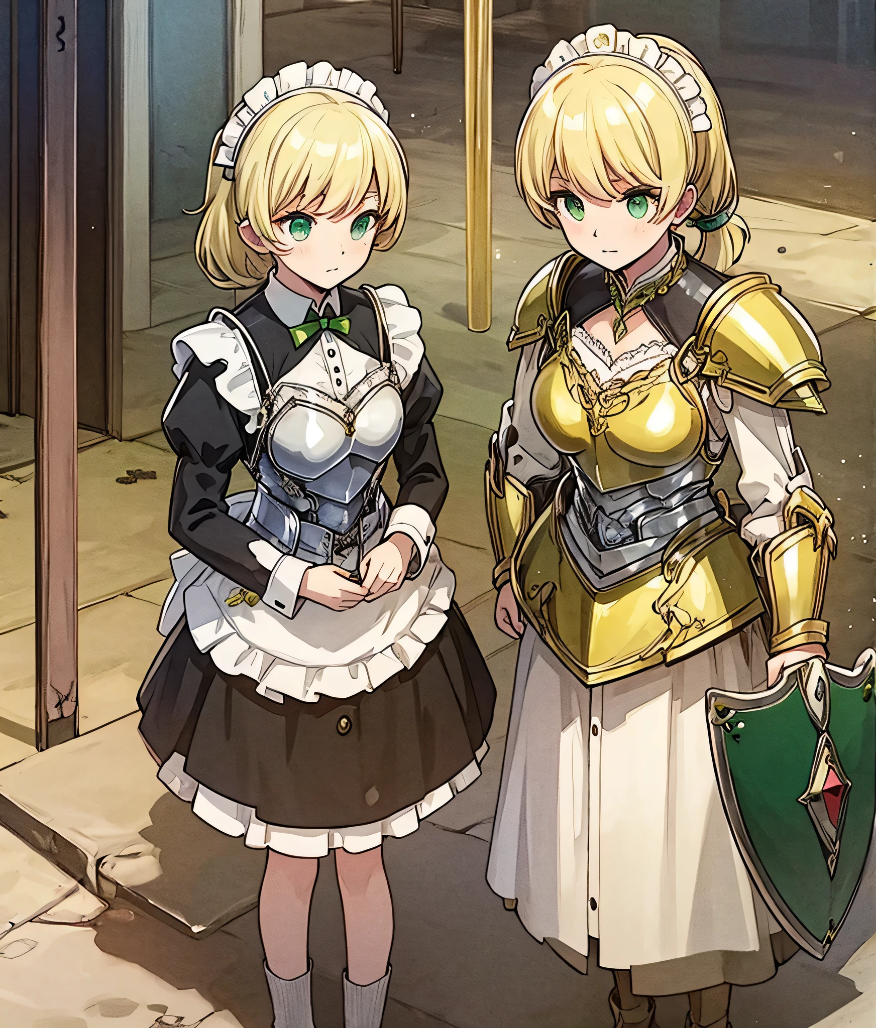 Blonde platinum hair, green eyes, pony tail, yellow-green armor, yellow-green shield, armor with spikes,shield with spikes, throne room, maid in Background, maids covering nose