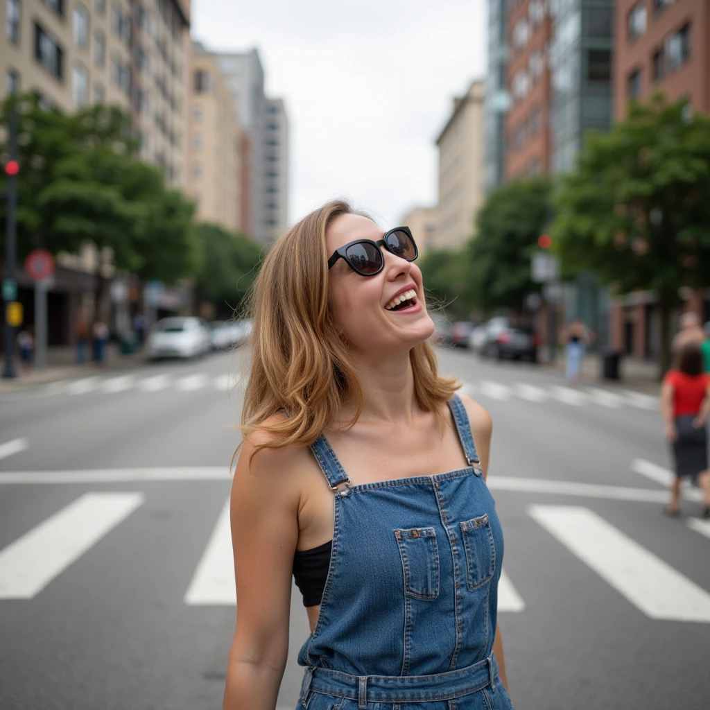  ultra realistic photo on an avenue with a zebra crossing, with sunglasses laughing with big laughs 