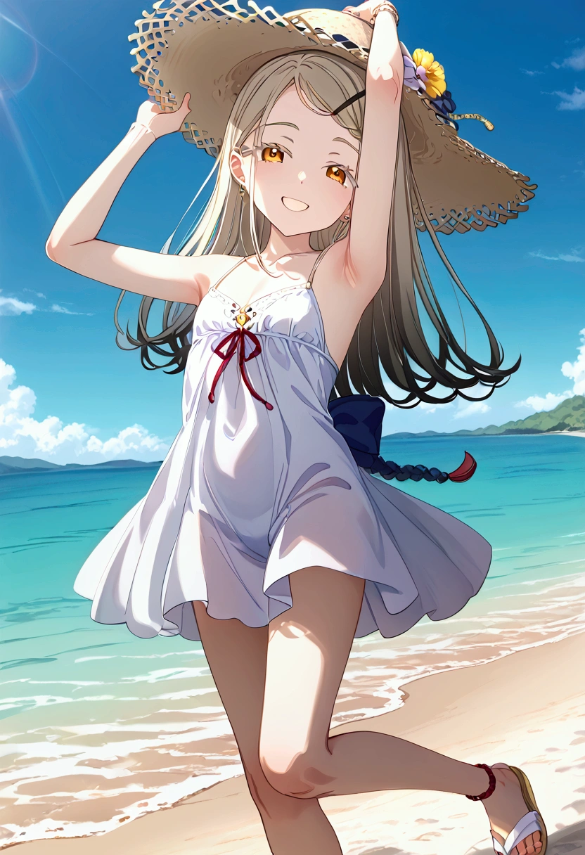 High image quality 、masterpiece、 High Quality  、Full HD、4K 、 depict only one girl、Depict the whole body、Hiroshi Shinozawa、Cream colored long hair 、Black hairpin、 golden eyes、slim、 straw hat、 smile、Red  on cheeks、 flat chest、unadorned sleeveless white dress、 wearing white sandals、An empty beach、 open your mouth、Stretch out your arms、Hands above head、dancing on the beach 、blue sky、Blue Sea