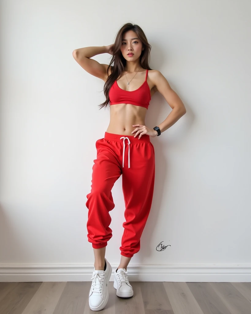 1 korea girls, Sweatpants red, big boobs, breast, white shoes, naked