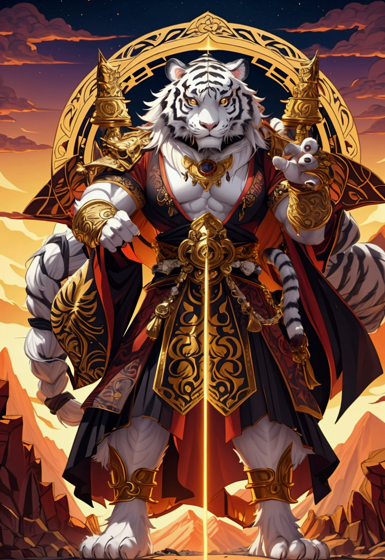 Solo, tiger, black tiger, tiger male, gray hair, white body fur, muscular male, elder male, light red eyes, wearing nothing,gray fur tuft, eastern necklace, star night background, ( by Sollyz, masterpiece, 8k, hd), Looking at viewer, smiling, detailed face, detailed eyes, detailed hair, detailed muscles, detailed clothes, Genshin, nsfw, nude lower body, big penis, jerking cock, cum on full body,