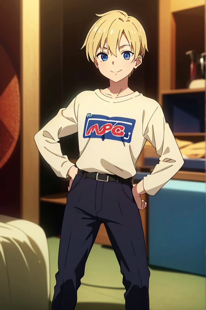 1 boy, solo, blonde hair, blue eyes, youhei sunohara, t shirt, red raglan sleeves, long sleeves, black pants, belt, hands on hip, smile, mouth open, room, HDR, bare feet, (best quality, 8k, detailed, hyperrealistic, photorealistic, 1.37), highly detailed face, extremely detailed eyes and face, beautiful detailed lips, studio lighting, professional, vivid colors, bokeh