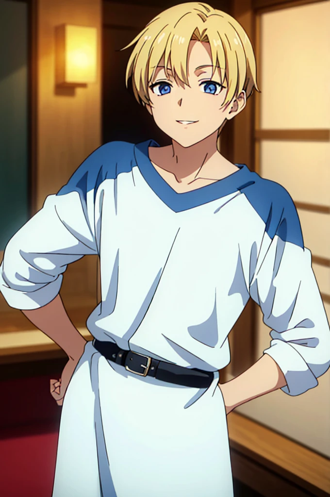 1 boy, solo, blonde hair, blue eyes, youhei sunohara, t shirt, red raglan sleeves, long sleeves, black pants, belt, hands on hip, smile, mouth open, room, HDR, bare feet, (best quality, 8k, detailed, hyperrealistic, photorealistic, 1.37), highly detailed face, extremely detailed eyes and face, beautiful detailed lips, studio lighting, professional, vivid colors, bokeh