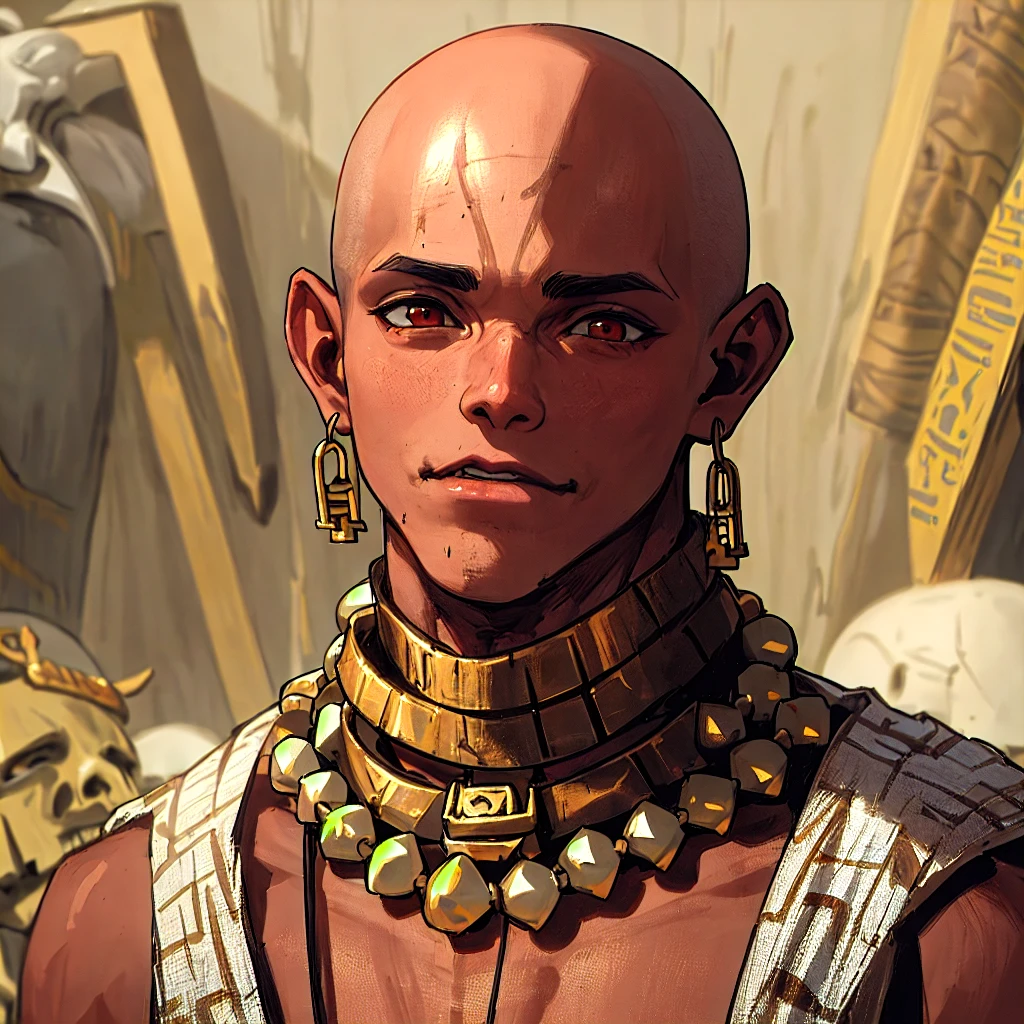 1 man. Slavist turned slave, bald, tan skin, barbarian egyptian-leke clothes. bone necklace.
Headshot