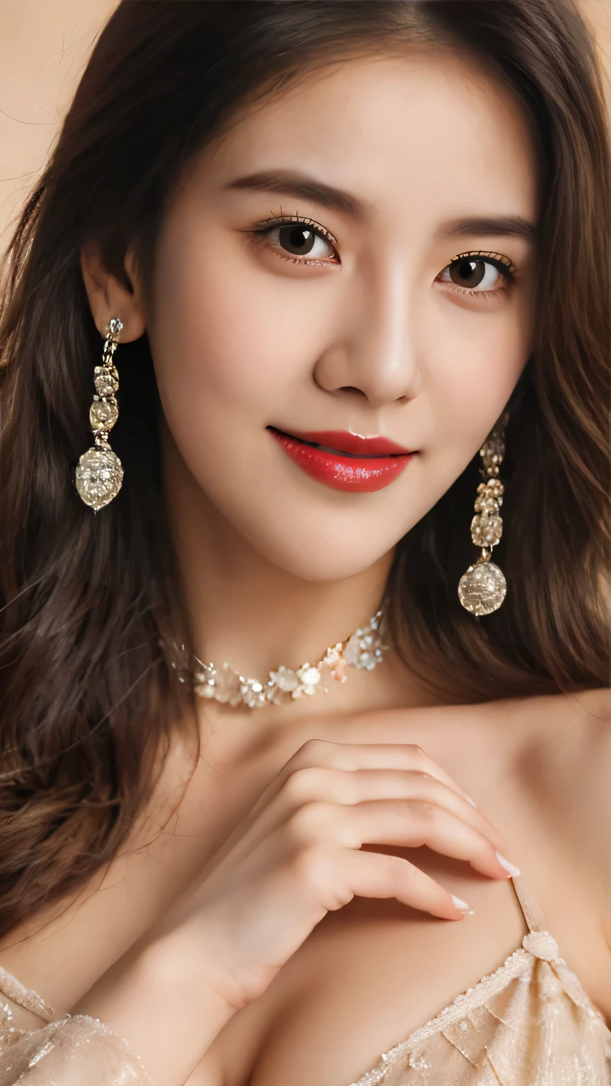 Real people, highest image quality, masterpiece, exquisite CG, highest resolution, ultra-clear picture quality, delicate facial features, peerless beauty, delicate and beautiful facial features, cute girl, red wavy curly hair, bow hairpin, oily red lips, sweet smile, smile, smile without teeth, delicate skin, shiny, moisturized skin, blushing face, pure, close-up, single, necklace, earrings, not exposed, dynamic action, (gorgeous long dress with round neck), skirt full of lace, bust, Rating: Safe