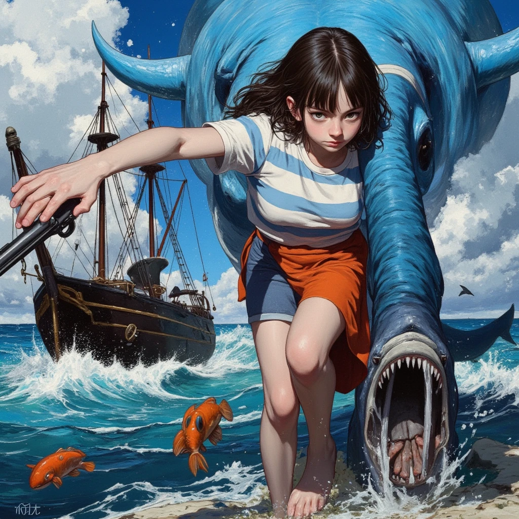 full-lenght portrait of a nami from one piece wearing a white and blue stripped t shirt and orange short skirt holding a fintlock pistol crossing split sea, the split sea from moses, random pose, (wet), translucent ocean, pirate sailboat, fish, coral, whale, shark, (darkest sky, thunder storm, realistic, beach, cloud, stone, scenery, wading, (devil island, floating_island), looking_at_viewer, air bubble, caustics, plant, scenery, shark, (surreal), wave, age_of_piracy