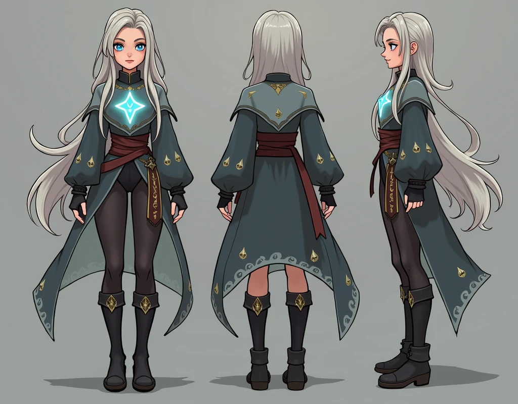  Create a stylized character sheet for girls designed for 3D games .  This character should have sculpted hair ，Complex details. Provide a front ,   side and back views as reference images for modeling  .  Her costume is a plain white clergyman's robe , Minimalistic and Elegant, Glowing rune-adorned edges .   Her extremely long white hair outlines her broad hips and serene blue eyes,   enhance her elegant and understated appearance  .   The background should easily focus on the characters  