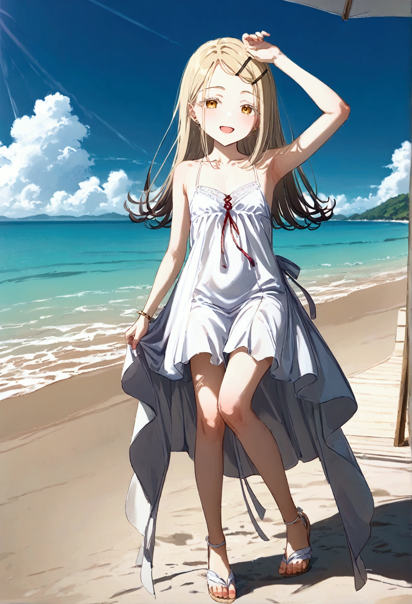 High image quality 、masterpiece、 High Quality  、Full HD、4K 、 depict only one girl、Depict the whole body、Hiroshi Shinozawa、Cream colored long hair 、Black hairpin、 golden eyes、slim、 smile、Red  on cheeks、 flat chest、unadorned sleeveless white dress、 wearing white sandals、An empty beach、 open your mouth、Stretch out your arms、dancing on the beach 、sunset、sea