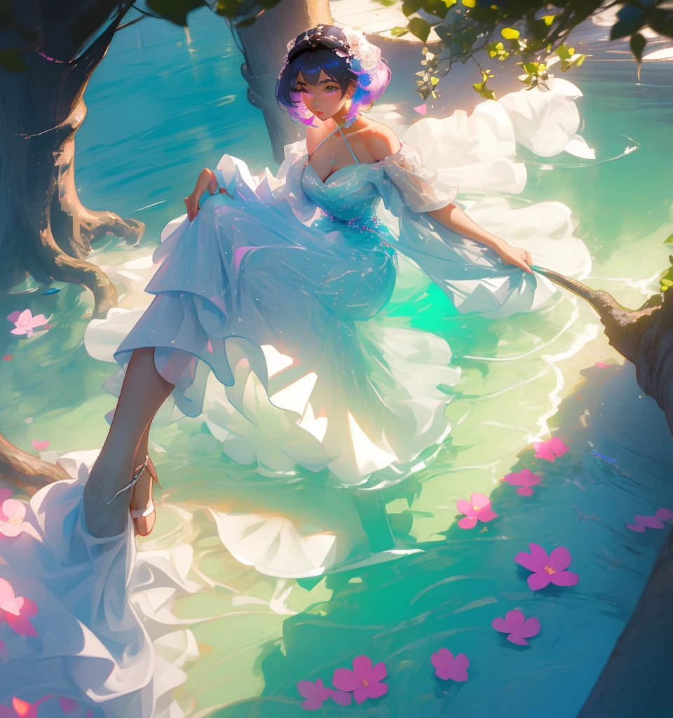 a beautiful girl is sitting on the beach,Crystal spring flower, Pink white gradient, water drop, Fantastical, galaxies, Transparent, Light blue leaves, brilliance, aqua, colorful, Magical photography of light blue leaves, dramatic illumination, Photo realism, Ultra detailed, depthoffield, high resolusion, parted bangs, silver hair, Sparkle, god rays, projected inset, from above, 4k, anatomically correct, UHD