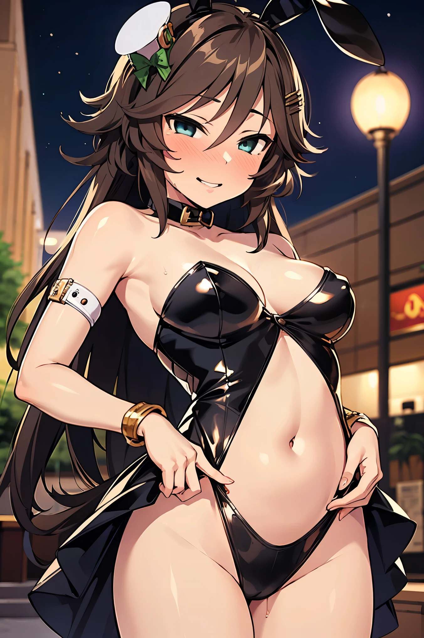 NSFW,masterpiece,Best Quality, Hi-Res, very detailed,mr. c.b. \(Uma Musume\),Embarrassed,blush, PLAYBOY BUNNY , high leg,Belly button,Casino at night