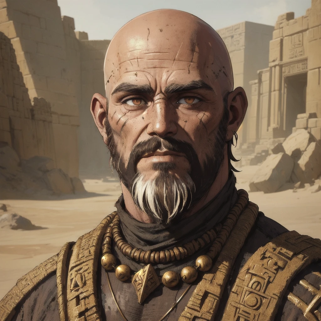 A fantasy portrait of Grak Zarepth, resembling an ancient Egyptian but with a more barbaric and rugged appearance. He is bald with coppery skin and a prominent goatee beard. His clothing is simple and worn, made from rough cloth, and his body is adorned with primitive bone and bronze ornaments. His face is dirty, showing the harshness of his life, with scars and a hardened expression. The background suggests an ancient, pre-industrial world with desert landscapes or ruined stone structures. The overall look is gritty and fitting for a character from the sword and sorcery genre