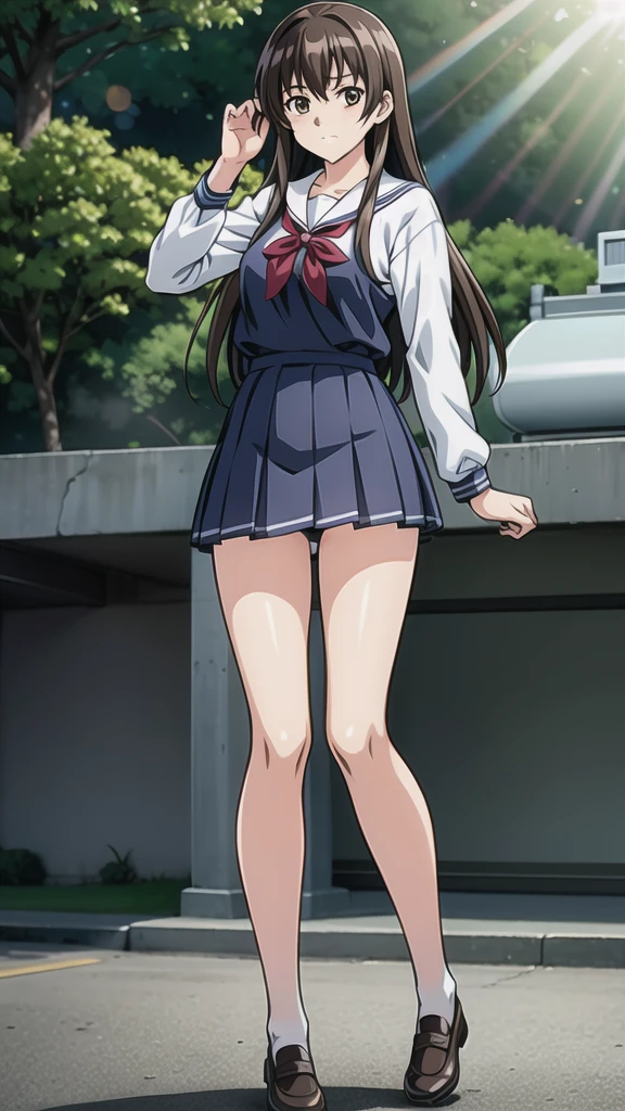 Yamagata Rika、21 years old、Brown Hair、Long Hair、、悲しいface、Brown Eyes 、 Full Body Style 、 normal breasts、、 narrow waist 、Bare legs、Swimsuit、navy blue school dress、Navy Blue Bloomers、White pumps、 Official Art, Extremely Detailed CG Unity 8k Wallpaper, full light,  colorful , bright _ Front_face_Lighting,  shiny skin, ( masterpiece:1.0),(Highest_quality:1.0), 超 Hi-Res,4K, super detailed photo shoot, 8k,  Hi-Res,  Hi-Res,  absurd:1.2,  Kodak Portra 400, film grain,  blurry background, Bokeh:1.2,  lens flare , ( lively_ color:1.2), Professional photography, Anime Images,