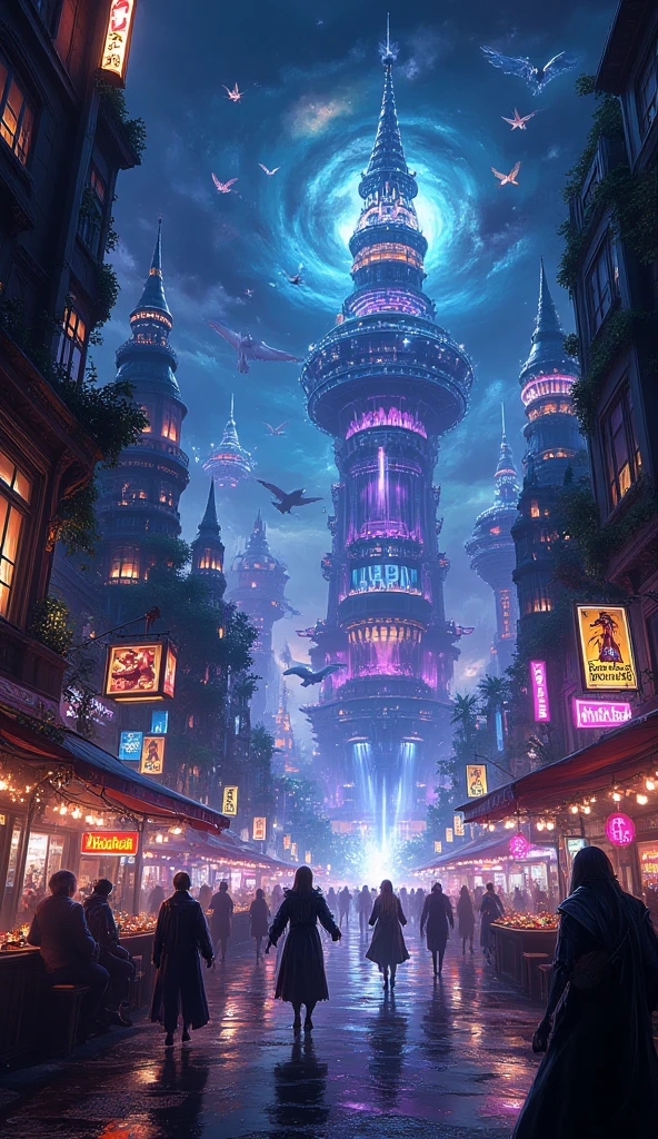 fantasy digital painting, fantasy city at night, magical neon lights on street, vivid colors, night life on street, various human and animal species and anthropomorphic fantasy species on street, fantasy art of magical neon street at dark night, detaied, 8k, 