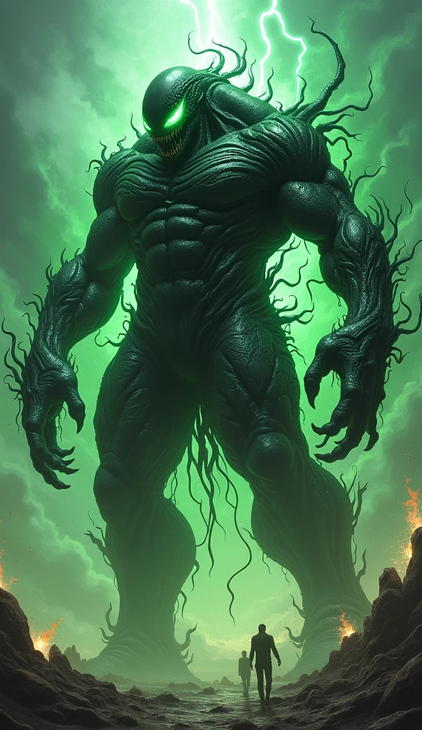 Zac de league of legends( scary transparent green slime monster with an antenna on its head it is in the middle of a forest)
