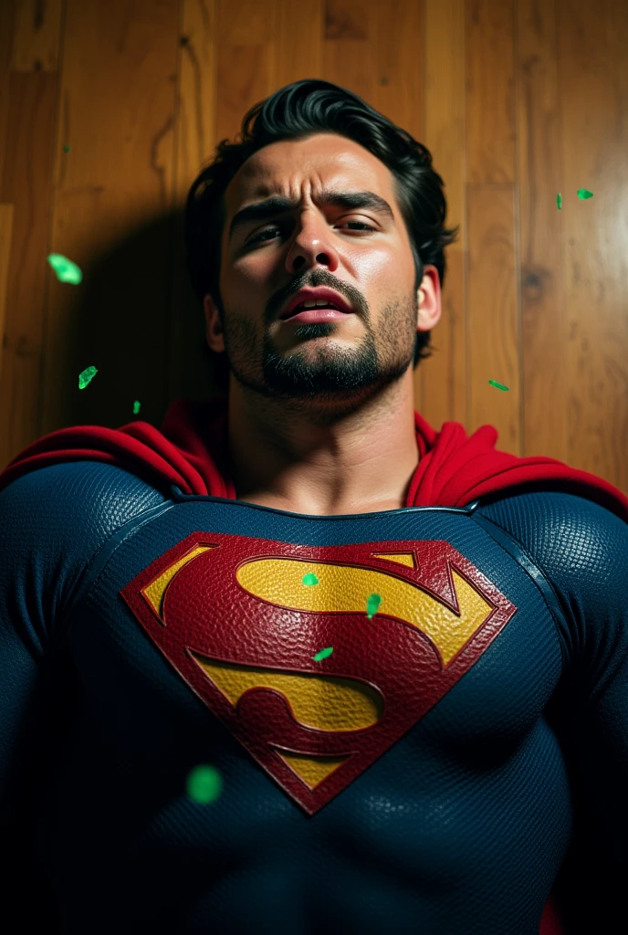 full body shot, Nicholas Alexander Chavez, a muscular man, 30 years old, with a small beard, dressed as Superman, lying on the ground, with his arms slightly outstretched. His facial expression is one of intense pain or weakness, with his mouth slightly open and his eyes closed. The superhero has a light skin tone and dark hair. Few small fragments of bright green cristals are falling onto Superman's chest. The background is a wood floor, dramatic lighting on the superhero's suit and face. The overall composition conveys a sense of tension and power, with debris floating around the scene, adding to the intensity of the moment.