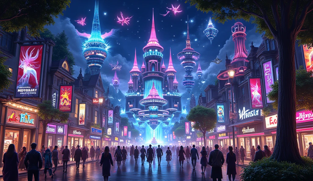 fantasy digital painting, fantasy city at night, magical neon lights on street, vivid colors, night life on street, various human and animal species and anthropomorphic fantasy species on street, fantasy art of magical neon street at dark night, detaied, 8k, 