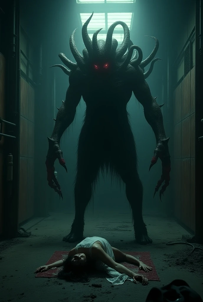 Make a creature, a shapeless mass of flesh and bones, with eyes that glow with evil intelligence. His limbs are disproportionate and his skin appears to be in a constant state of confidence. This creature is trapped in a cage and a scientist looks at it with a very scared expression, Jumping on top of a scientist looking into his eyes