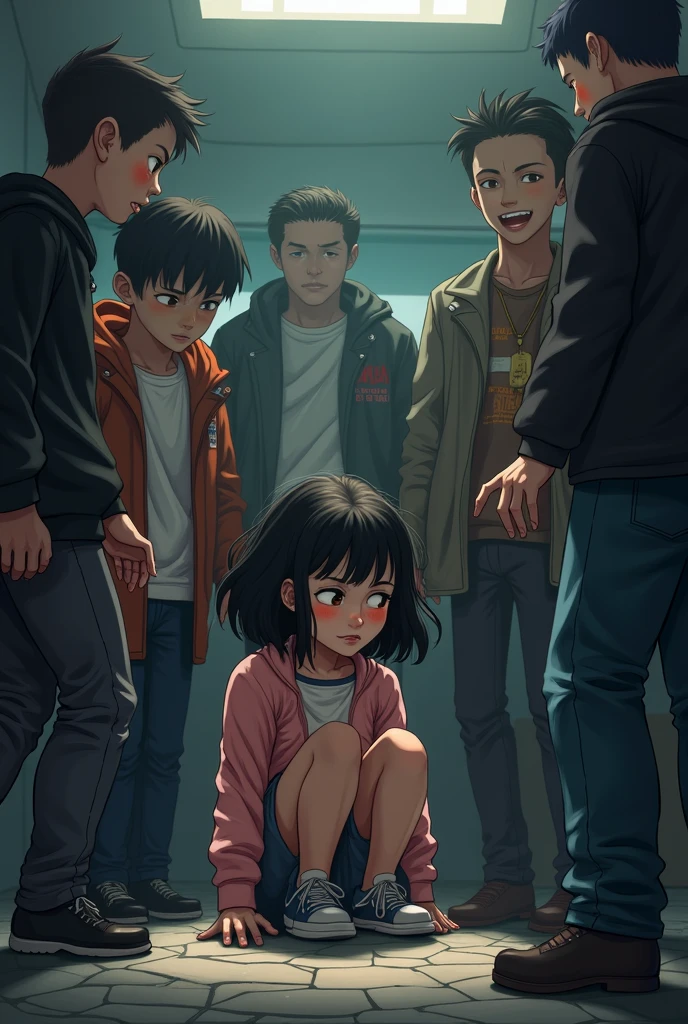 "A group of boys are harassing a lone girl at night in a dimly lit street. The scene shows the girl's distressed expression and the boys' aggressive behavior."