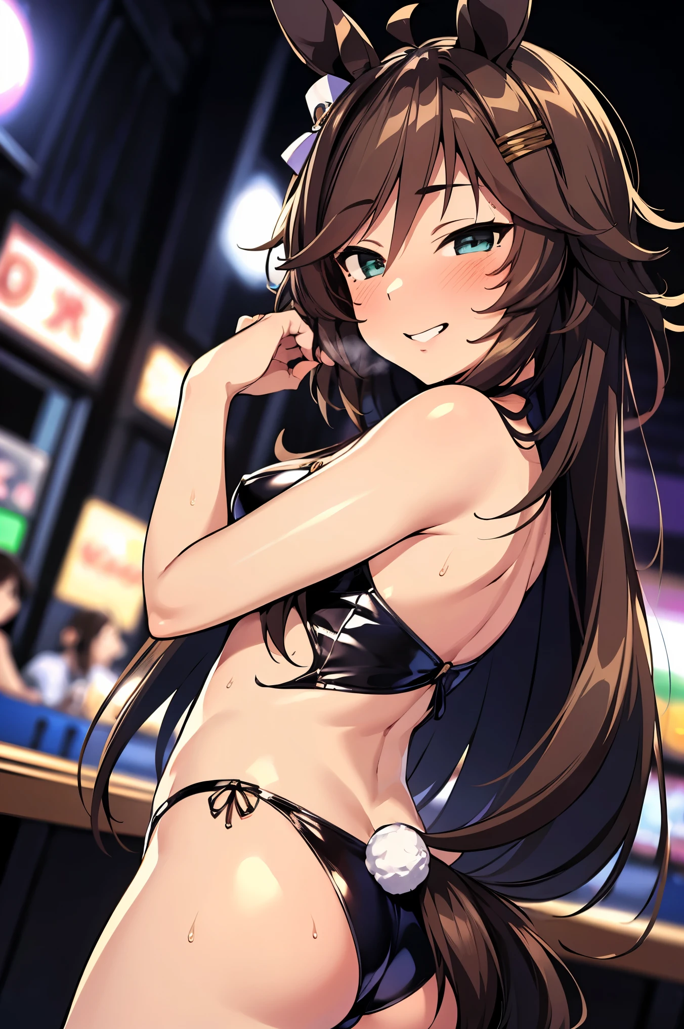 NSFW,masterpiece,Best Quality, Hi-Res, very detailed,mr. c.b. \(Uma Musume\),Embarrassed,blush, PLAYBOY BUNNY , high leg,Belly button,Casino at night, slouching forward, stick your butt out 