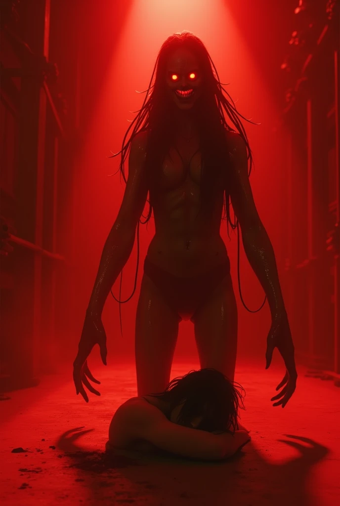 One girl, Dark skin, glowing slime, horror, scary, evil face, thin body, nsfw