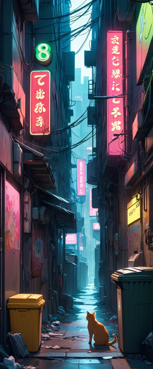 score_9, score_8_up, score_7_up, score_6_up, masterpiece, high quality, best quality, cyberpunk, neon sign, night, back alley, no human, cat, trash can