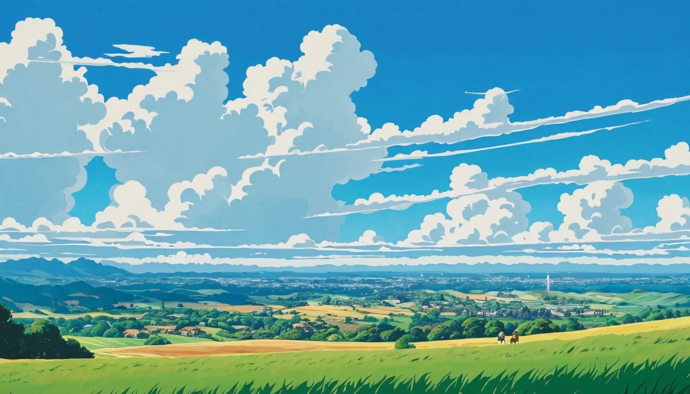 ( minimalism :1.4),  Studio Ghibli Art , Miyazaki, Ranch with city views,  blue sky and white clouds,no one