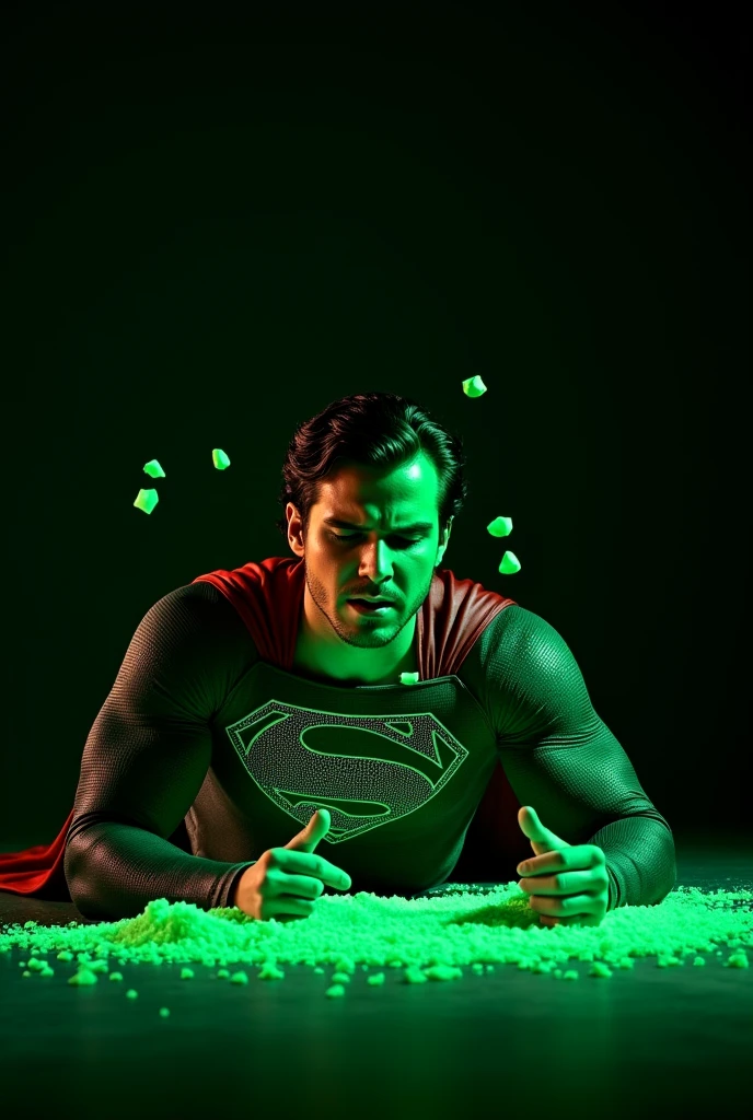 full body shot, Nicholas Alexander Chavez, a muscular man, 30 years old, with a small beard, dressed as Superman, lying on the ground, with his arms slightly outstretched. His facial expression is one of intense pain or weakness, with his eyes closed. The superhero has a light skin tone and dark hair. Several small fragments of bright green rock are falling onto Superman's chest. The background is dark, enhancing the vivid green glow and the dramatic lighting on the superhero's suit and face. The overall composition conveys a sense of tension and power, with debris floating around the scene, adding to the intensity of the moment.