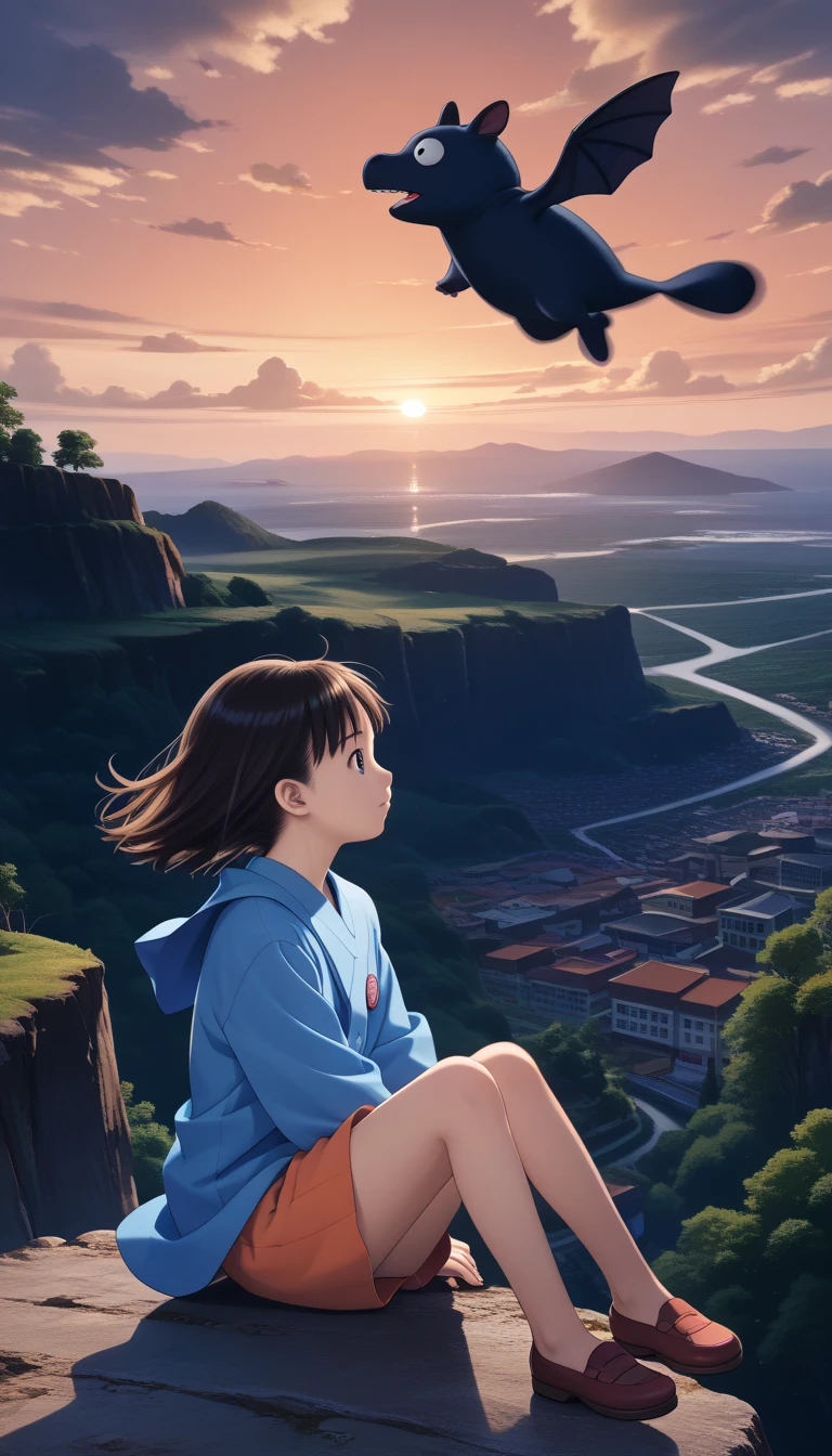  ((( girl dressed in black sitting on the edge of a cliff 1.9))), Sitting on the edge of a cliff ,It seems like it's falling even now ,The open sea, studio Ghibli  ,(((Kiki 1 .9))), Kiki's Delivery Service ,  is making my legs wobble,profile, super high image quality ,8k,Spectacular views,evening,Akane Sora ,cloud,sunset,(((A very small Totoro is floating in the distant sky))), Detailed Illustration ,  Masterpiece, Official Art, One Shot,High-resolution wallpapers,motion blur,