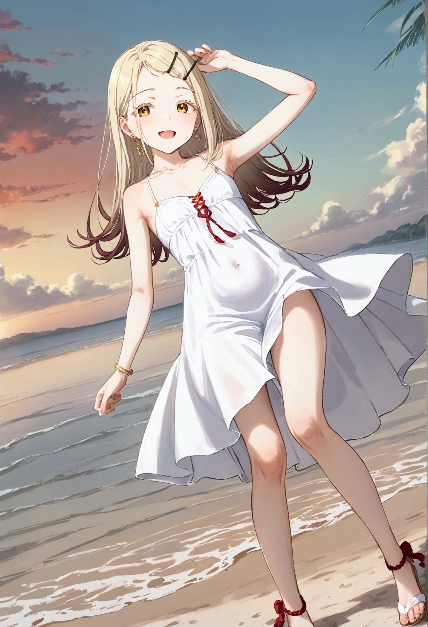 High image quality 、masterpiece、 High Quality  、Full HD、4K 、 depict only one girl、Depict the whole body、Hiroshi Shinozawa、Cream colored long hair 、Black hairpin、 golden eyes、slim、 smile、Red  on cheeks、 flat chest、unadorned sleeveless white dress、 wearing white sandals、An empty beach、 open your mouth、Straighten one arm and raise it、dancing on the beach 、evening、Red Sky、Reddish Sea 