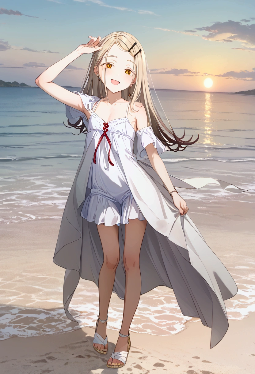 High image quality 、masterpiece、 High Quality  、Full HD、4K 、 depict only one girl、Depict the whole body、Hiroshi Shinozawa、Cream colored long hair 、Black hairpin、 golden eyes、slim、 smile、Red  on cheeks、 flat chest、unadorned sleeveless white dress、 wearing white sandals、An empty beach、 open your mouth、Straighten one arm and raise it、dancing on the beach 、evening、Red Sky、Reddish Sea 